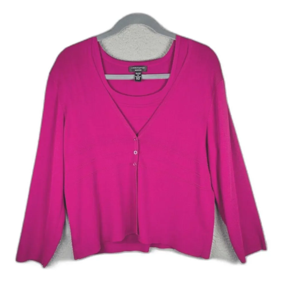 Cable and Gauge Woman Twin Set Cardigan Shell Fuchsia Pink 2X Plus Viscose Knit